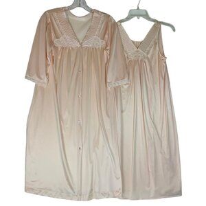 Vintage JCPenney Nightgown & Robe Set Size Small Peach Nylon Lace Trim USA